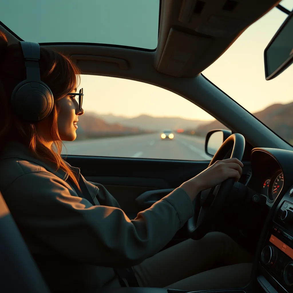 A scenic highway with a car driving along, surrounded by beautiful landscapes. Inside the car, a driver is smiling and relaxed, with a soft instrumental soundtrack subtly playing in the background. The sun is setting, casting a warm glow.
